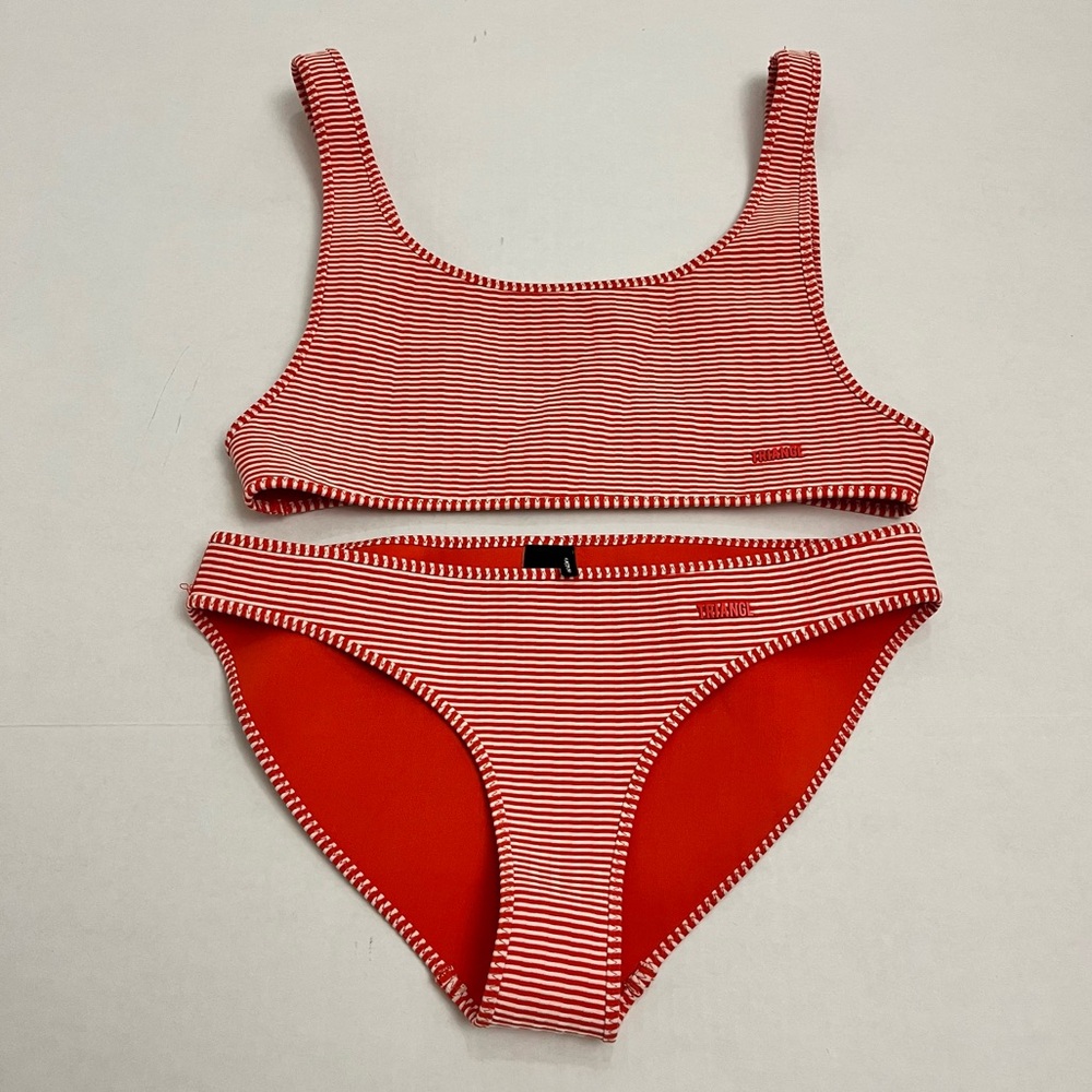 TRIANGL Scuba Striped Bikini Red and White. Top Size Large. Bottom Size Medium